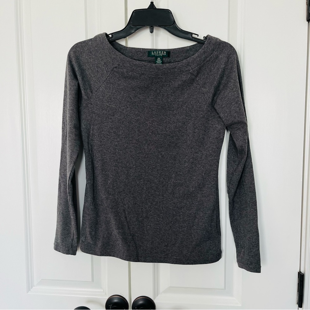 Lauren Ralph Lauren gray petite medium long sleeve top wide neck